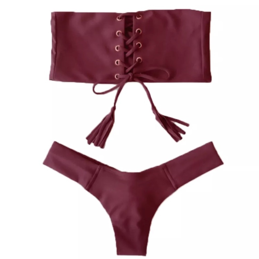 Wine Bikini Swim Two Piece Lace Up Bandeau Set - Picture 2 of 3